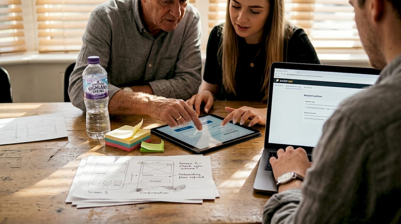 Design researcher observing users testing app