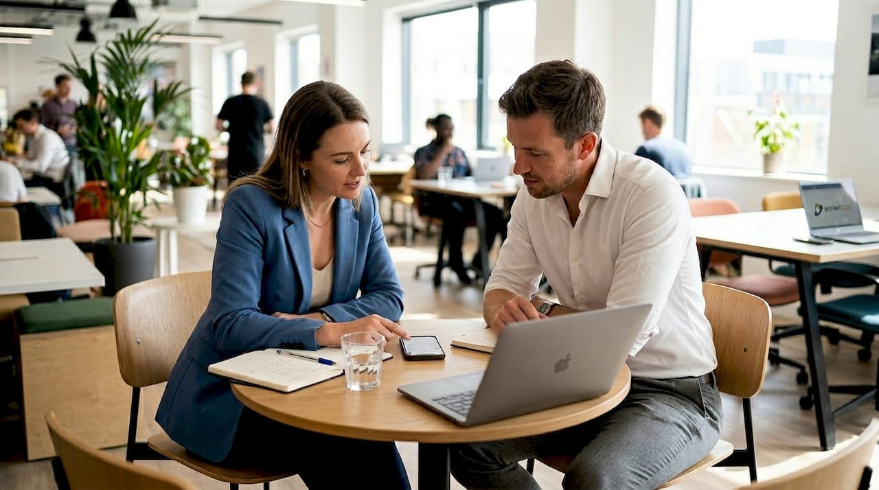 Colleagues reviewing custom app on phone