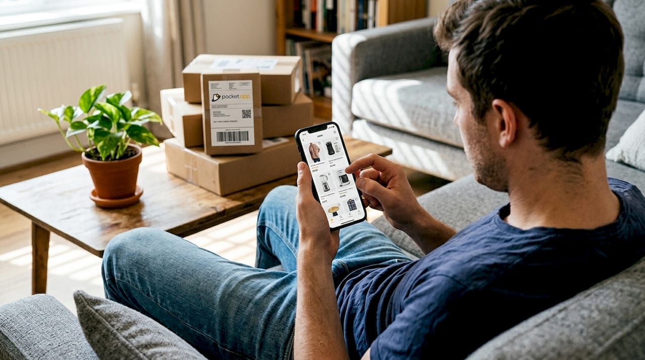 Man using retail app at home on sofa