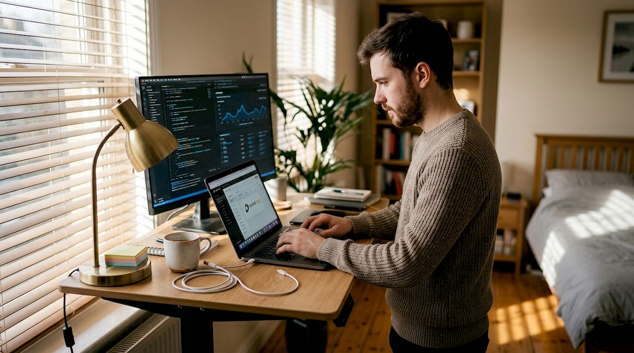 Developer analyzing app analytics at home desk