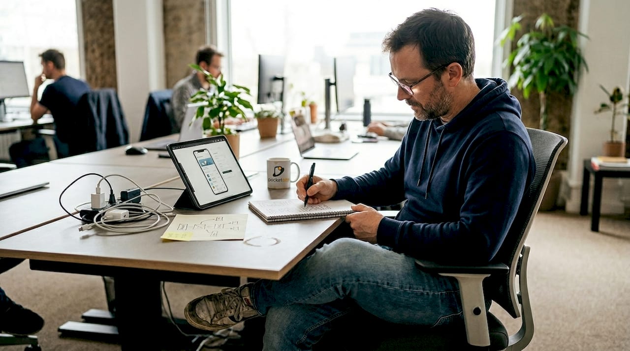 Designer sketching app navigation wireframes