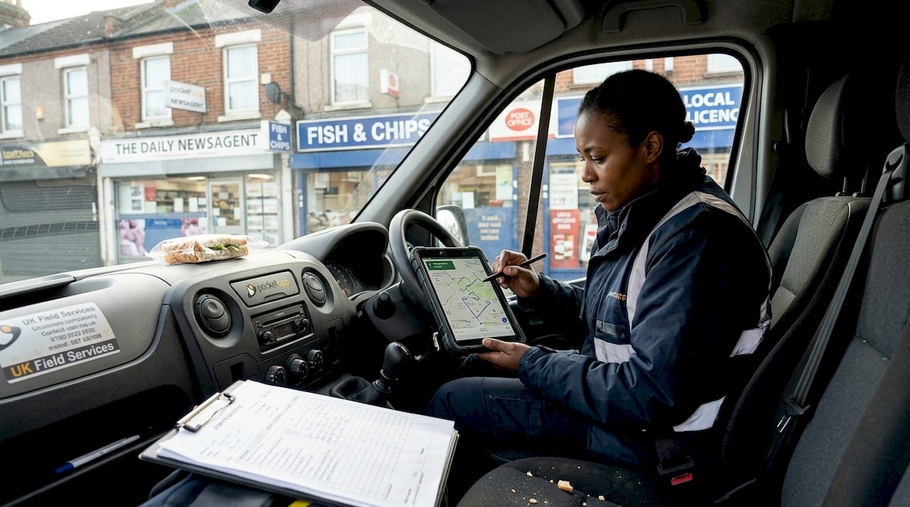 Engineer using GPS routing field service app