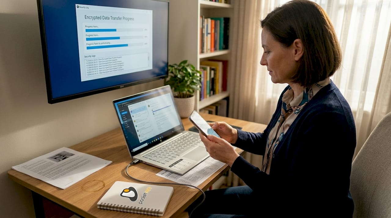Woman encrypting data on phone and laptop