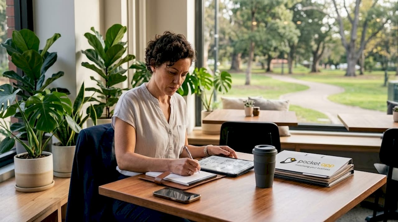 Business owner reviews workflow on tablet