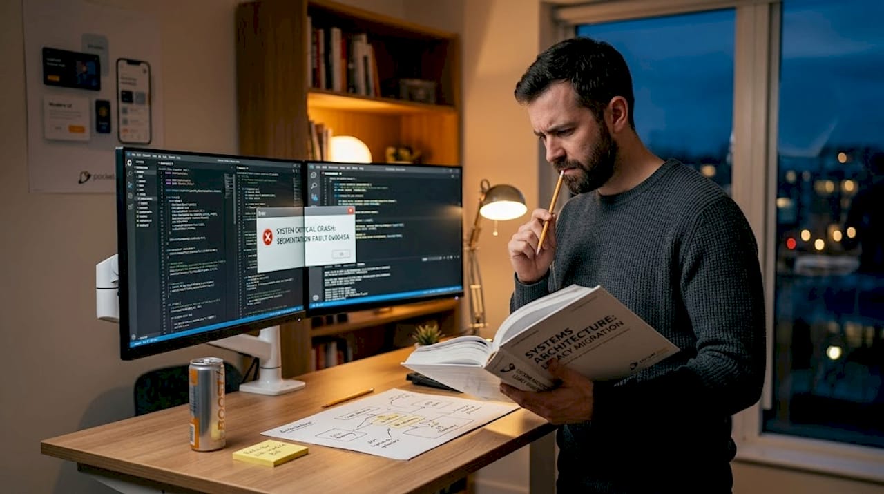 Engineer troubleshooting legacy code at desk