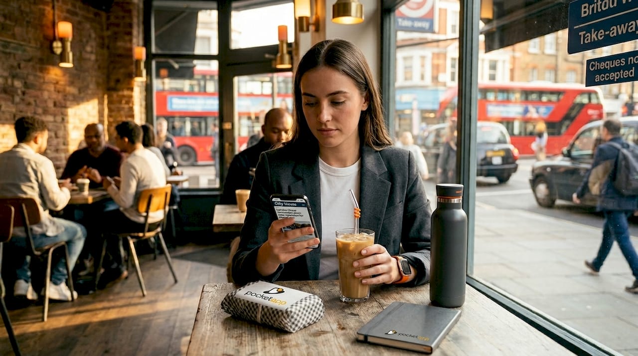 Person browsing mobile site at café table