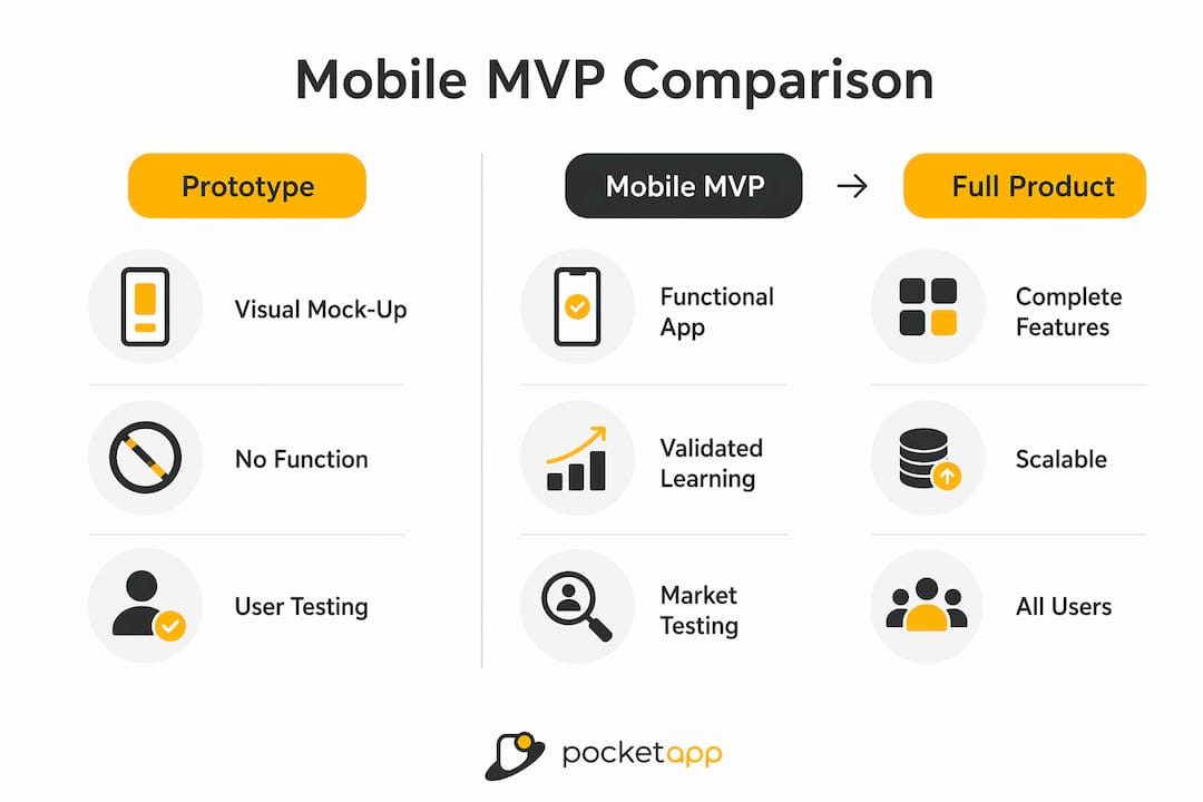 Infographic comparing prototype, mobile MVP, and full product
