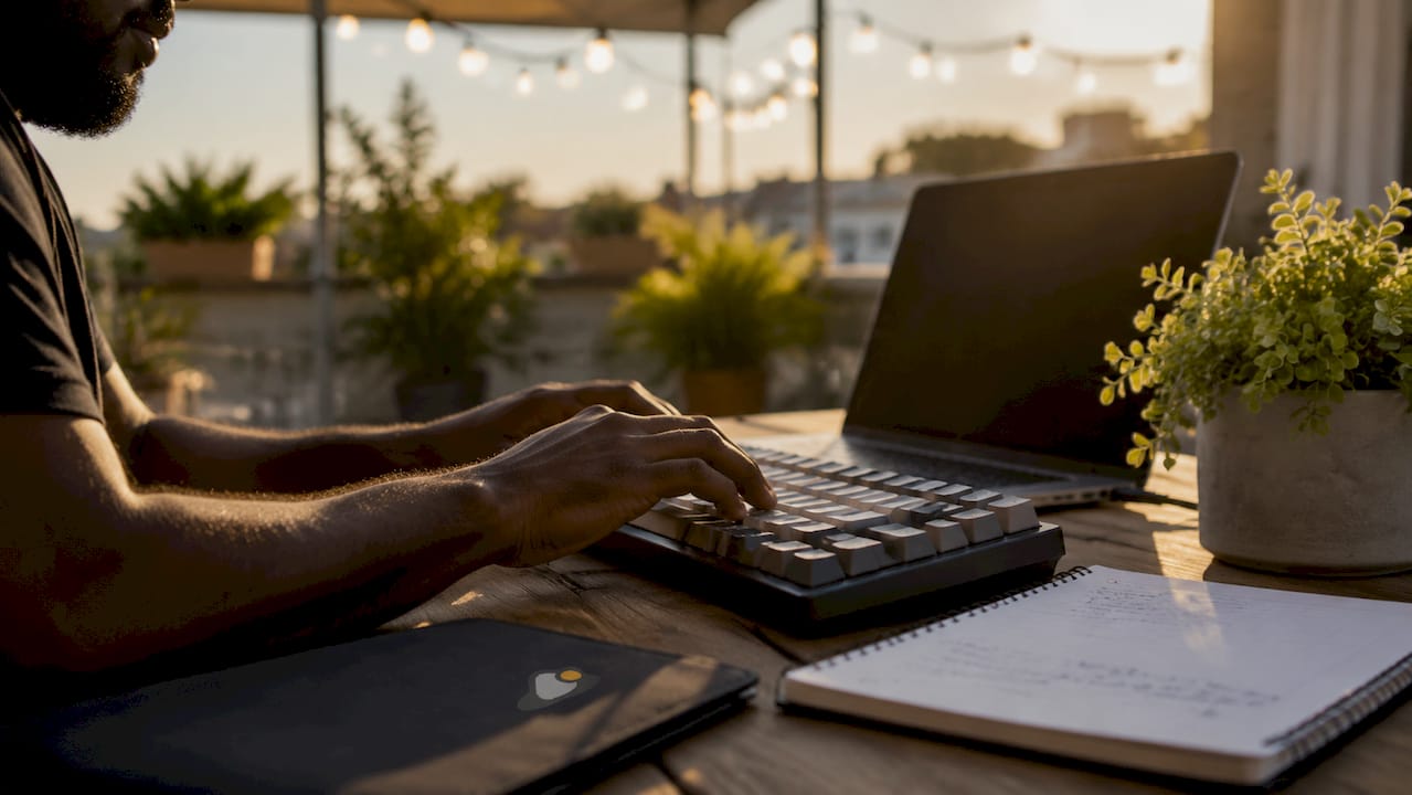 Hands typing PWA code in startup office