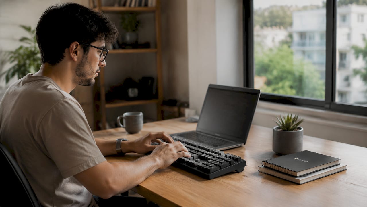 Hands typing Android CLI commands on laptop keyboard