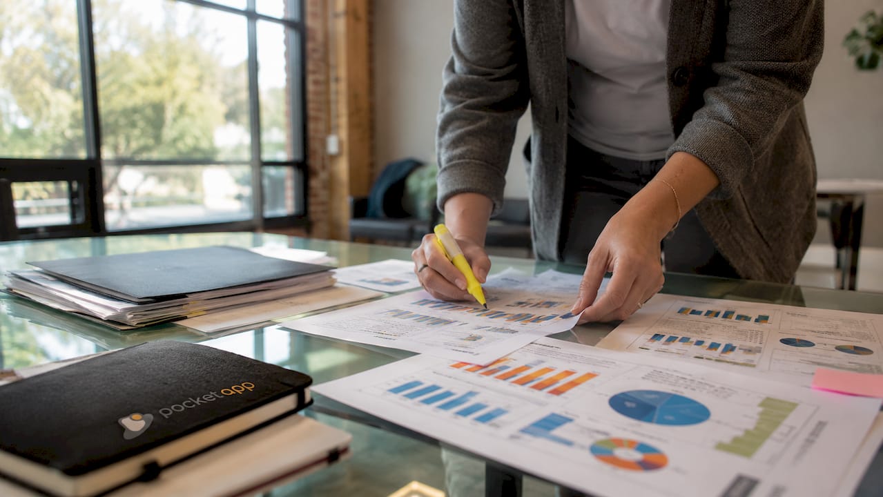 Hands sorting nonprofit data reports on desk