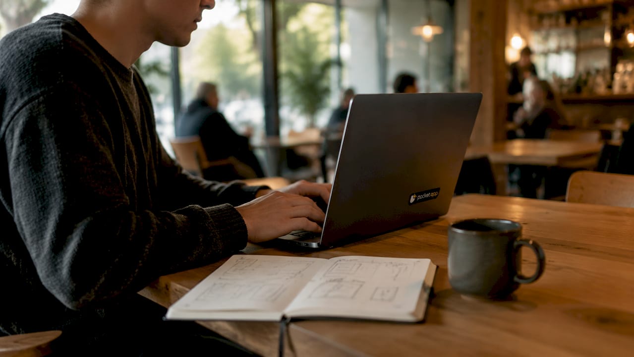 Close-up of hands typing push strategy on laptop