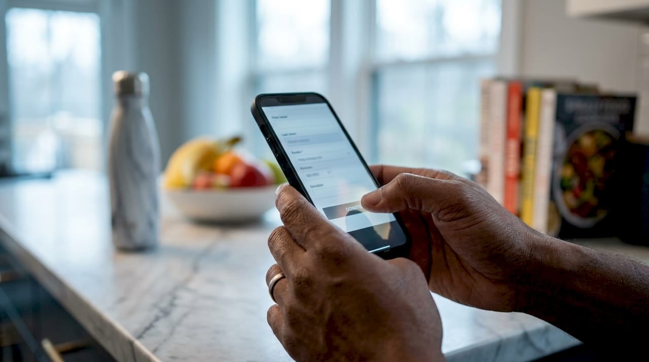 Hands filling mobile donation form on smartphone