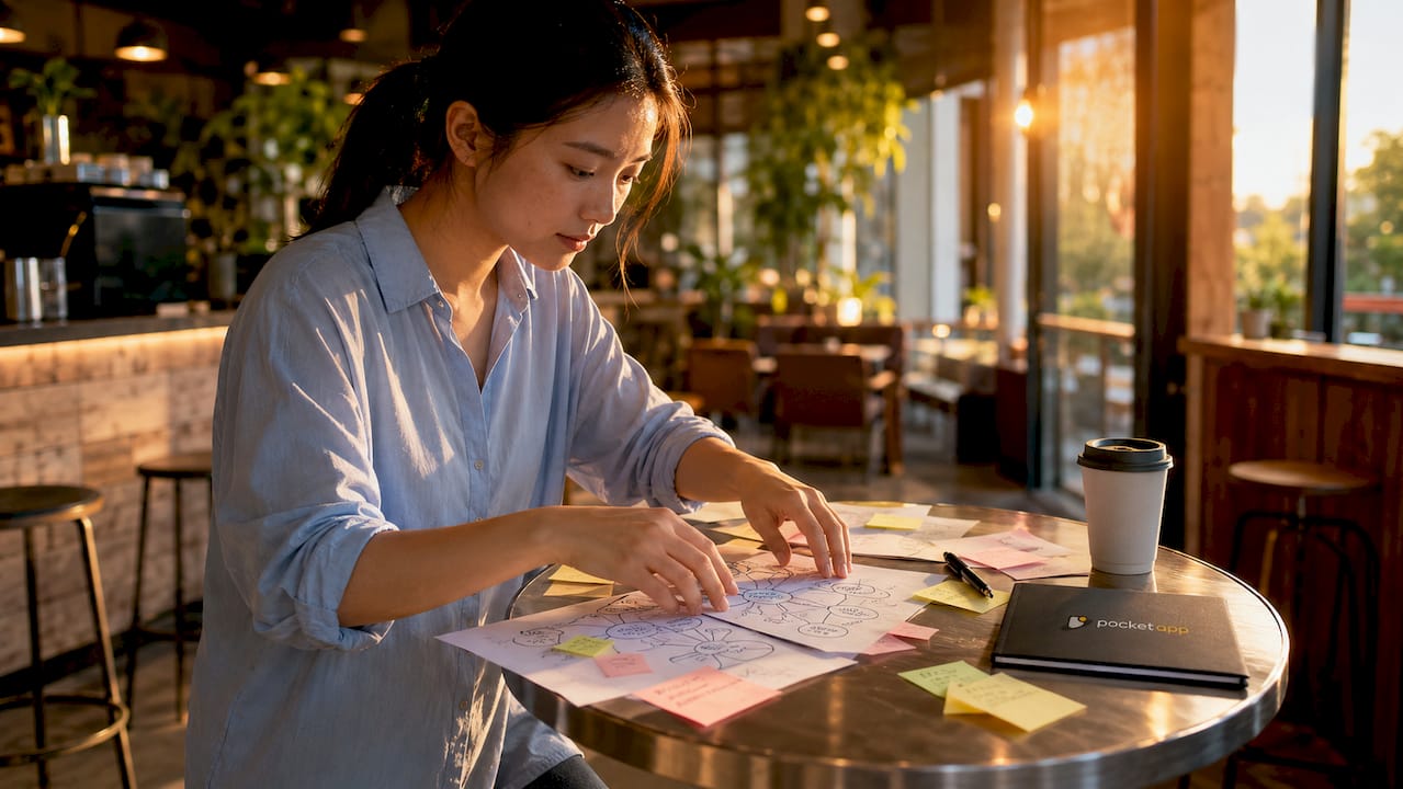 Content specialist arranging SEO documents