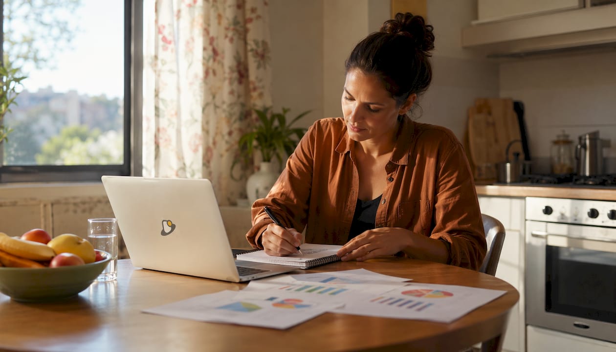 Freelance developer noting salary info in home office