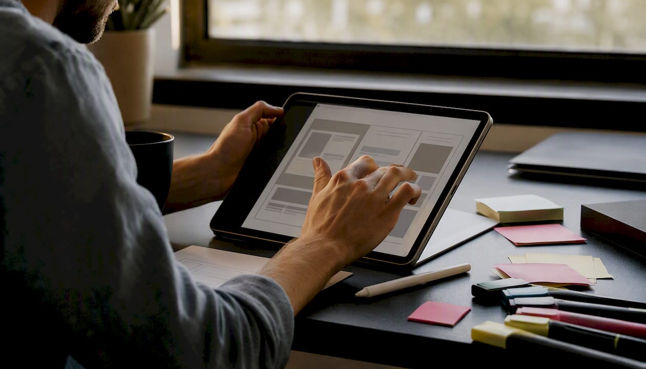 Designer adjusting layout grid on translucent paper