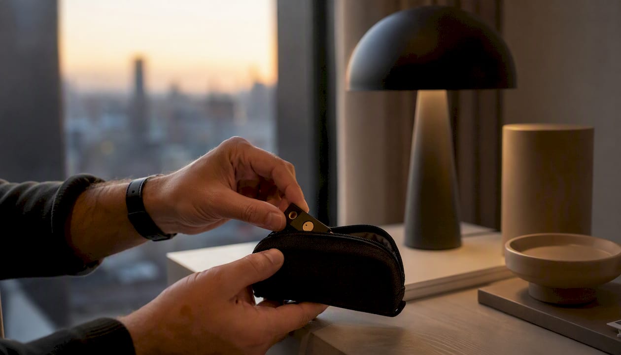 Hands storing hardware security key in pouch