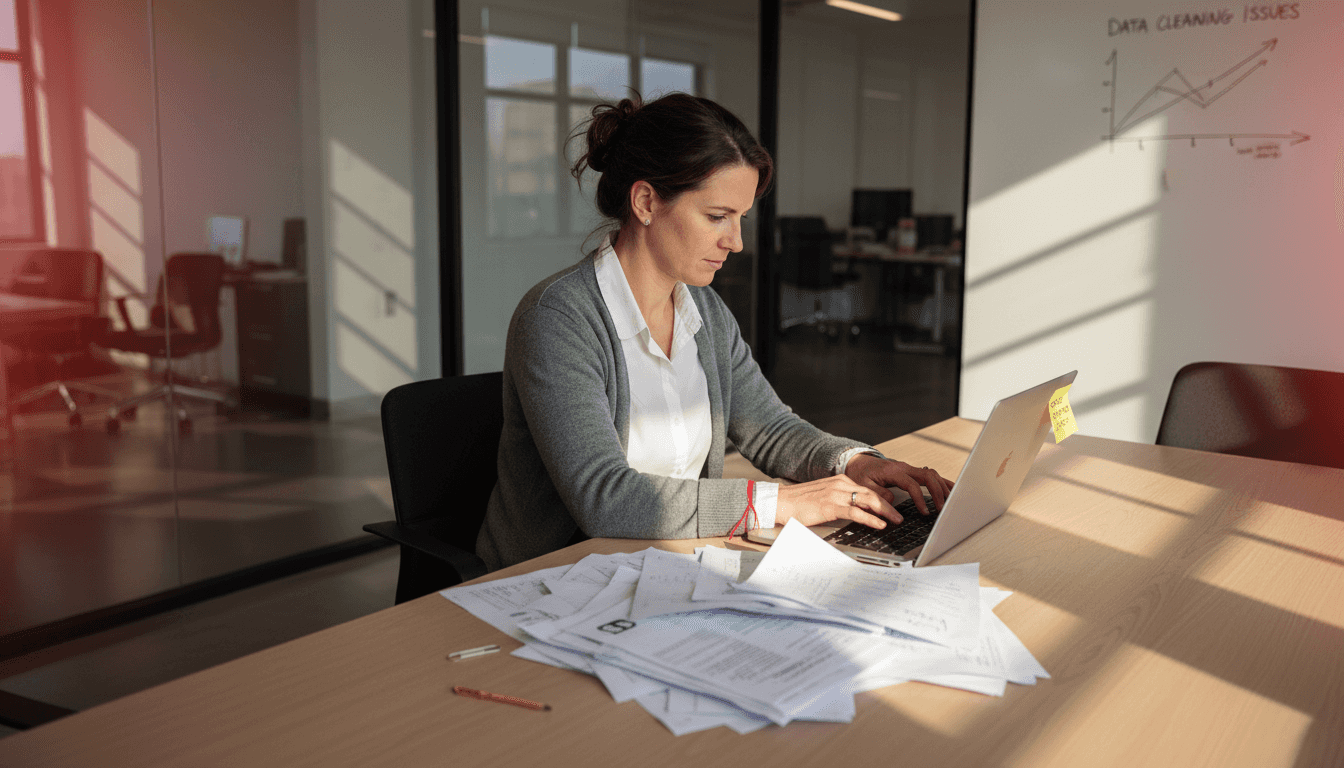 Analyst cleaning survey data in conference room