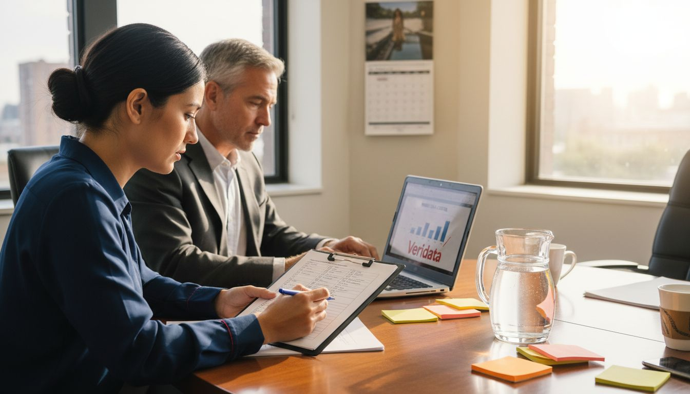 Team reviewing market research checklist in office