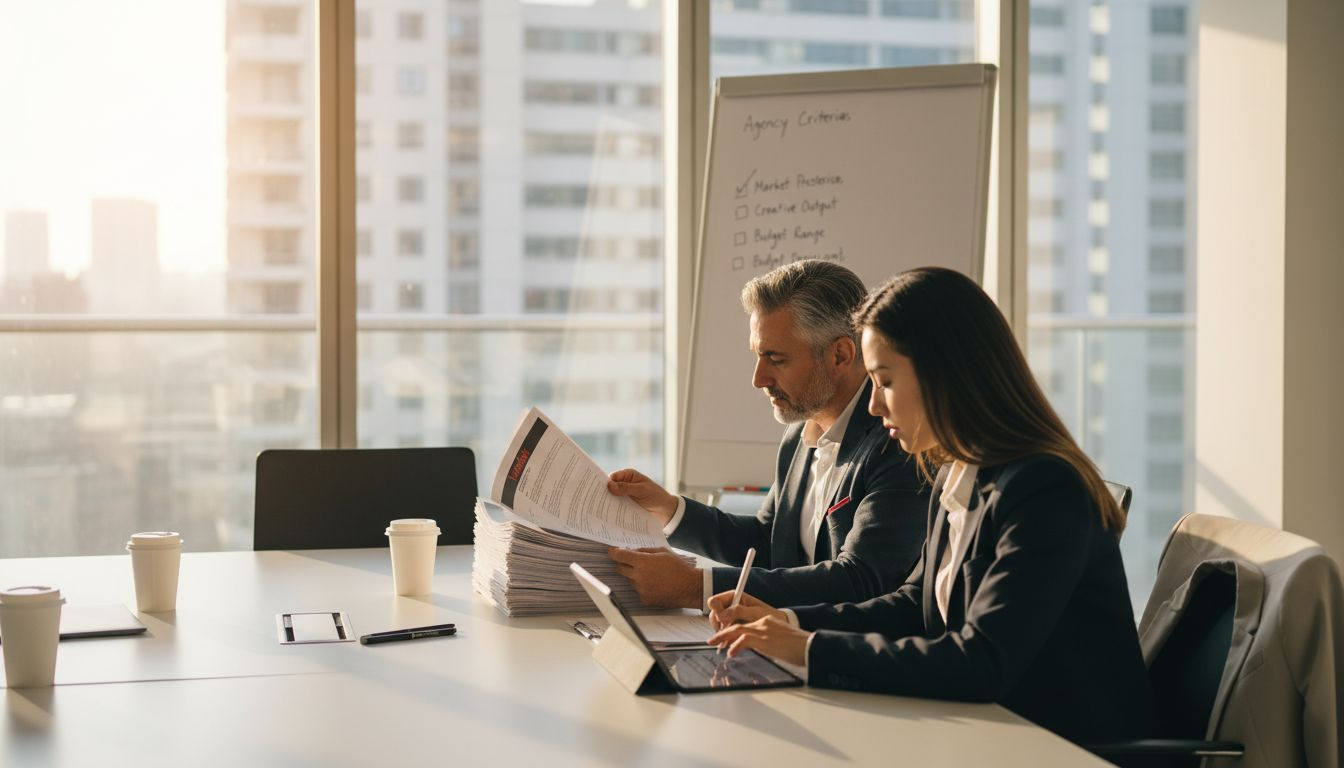 Team discussing market research agency options