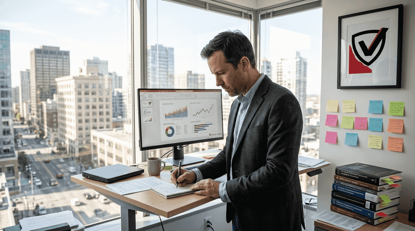 Consultant working in office with city view