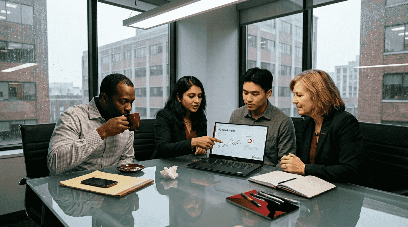 Consultants reviewing risk analysis in meeting