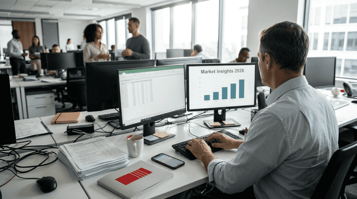 Analyst reviews survey results at cluttered desk