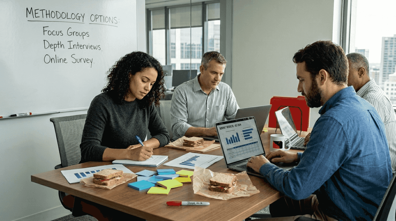 Team meeting analyzes market research methodologies