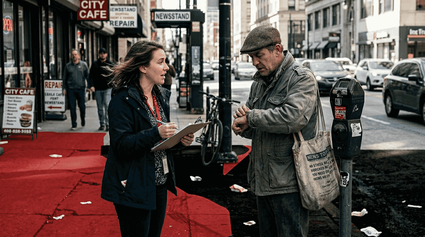 Recruiter speaking with man on busy street