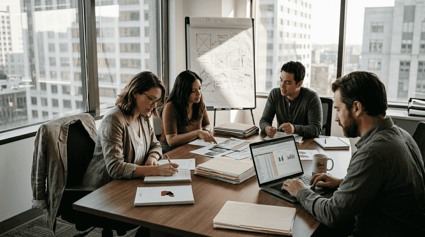 Marketing team meeting in sunlit office