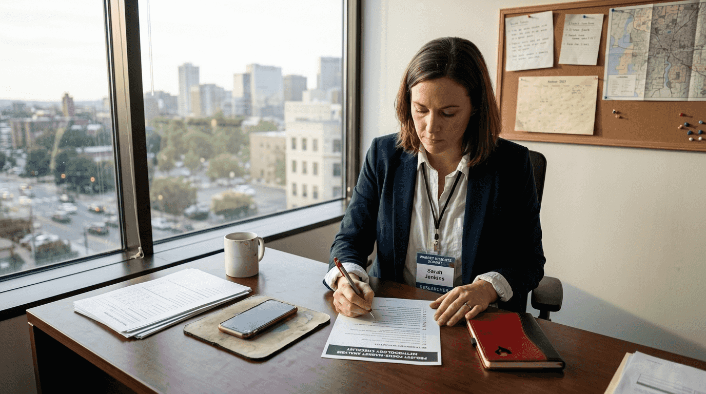 Market researcher checking printed checklist