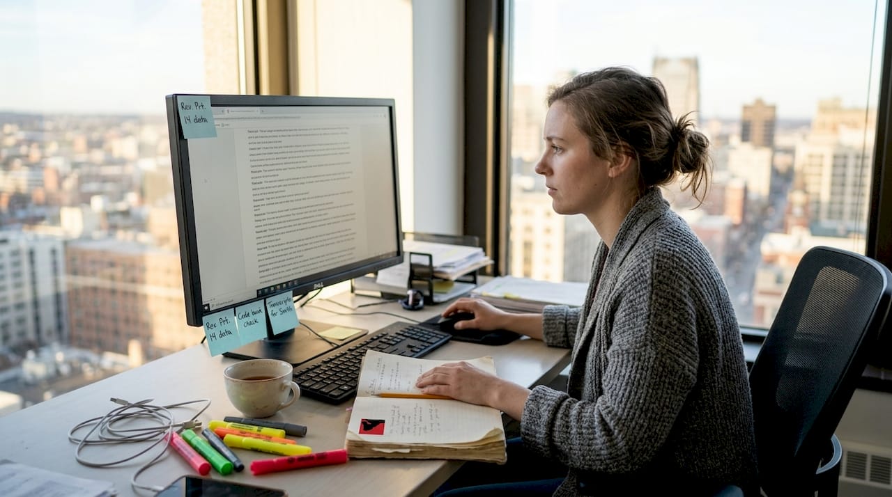 Researcher working on qualitative data analysis