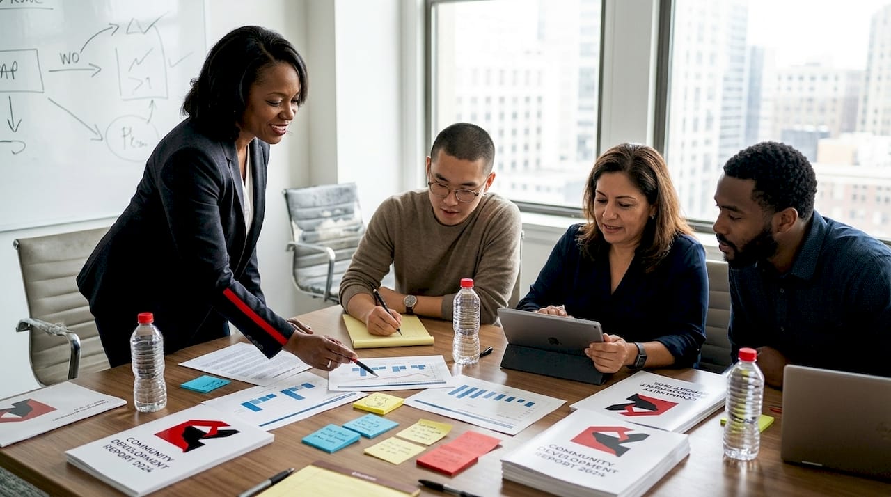 Nonprofit team reviewing research plan together