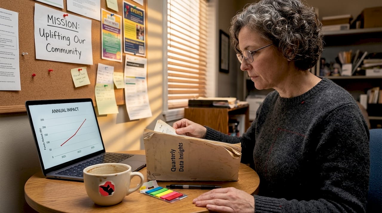 Nonprofit CEO reading research report at desk