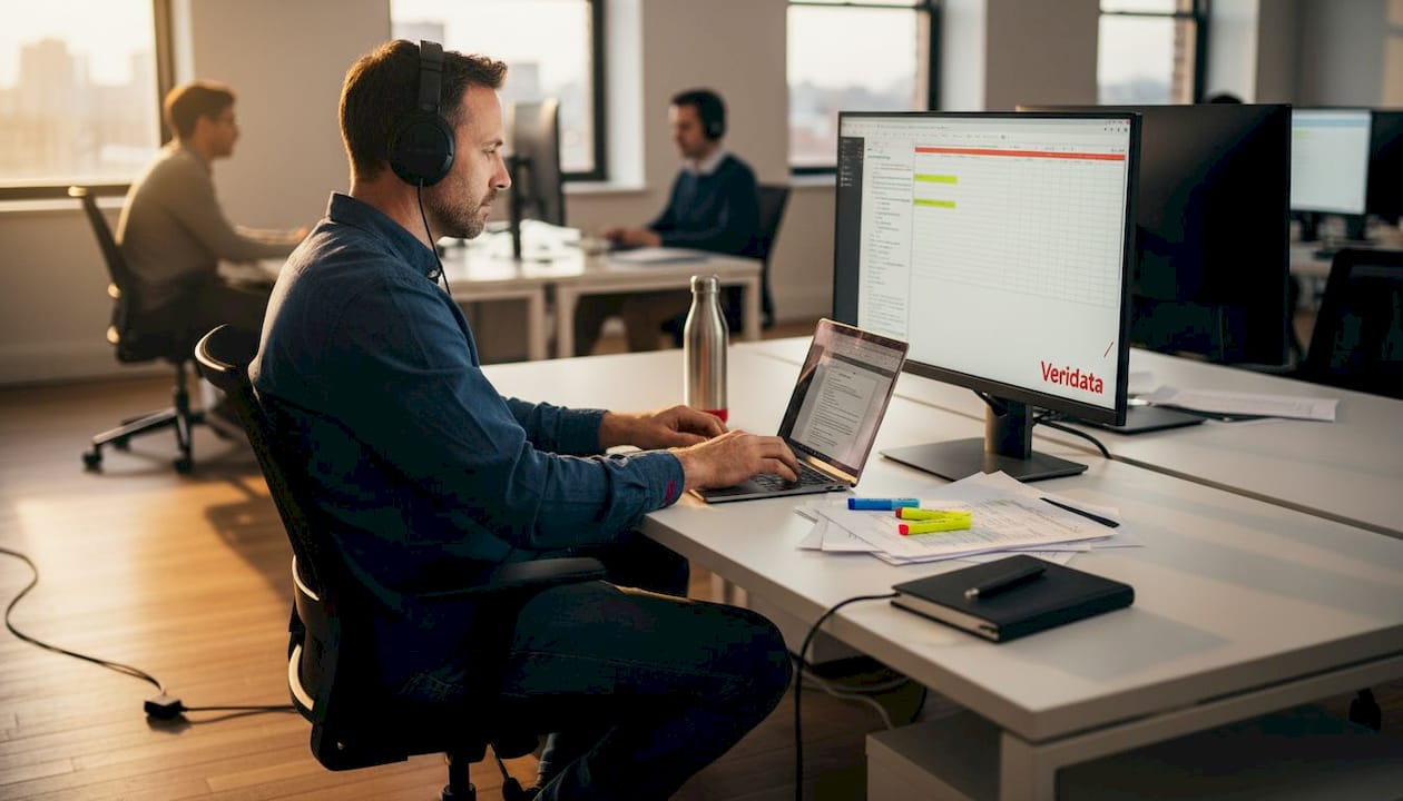 Analyst coding data in open-plan office