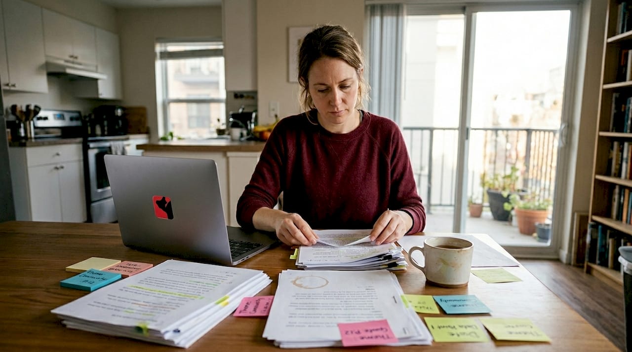 Researcher organizing qualitative data at kitchen table