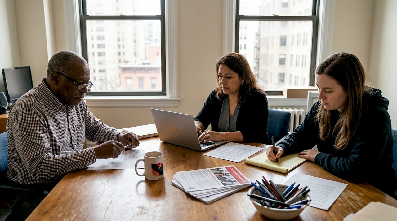 Nonprofit team planning market research in office