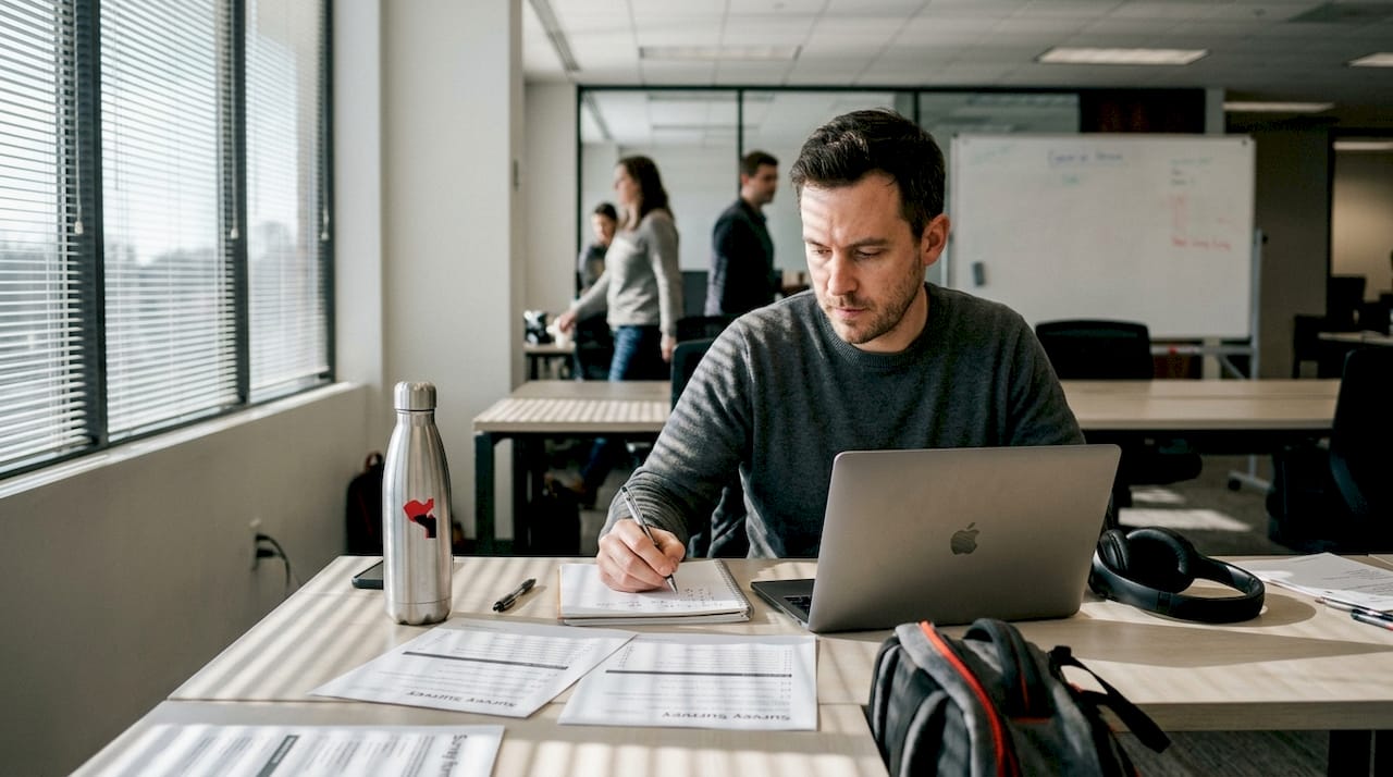 Data analyst working at cluttered office desk
