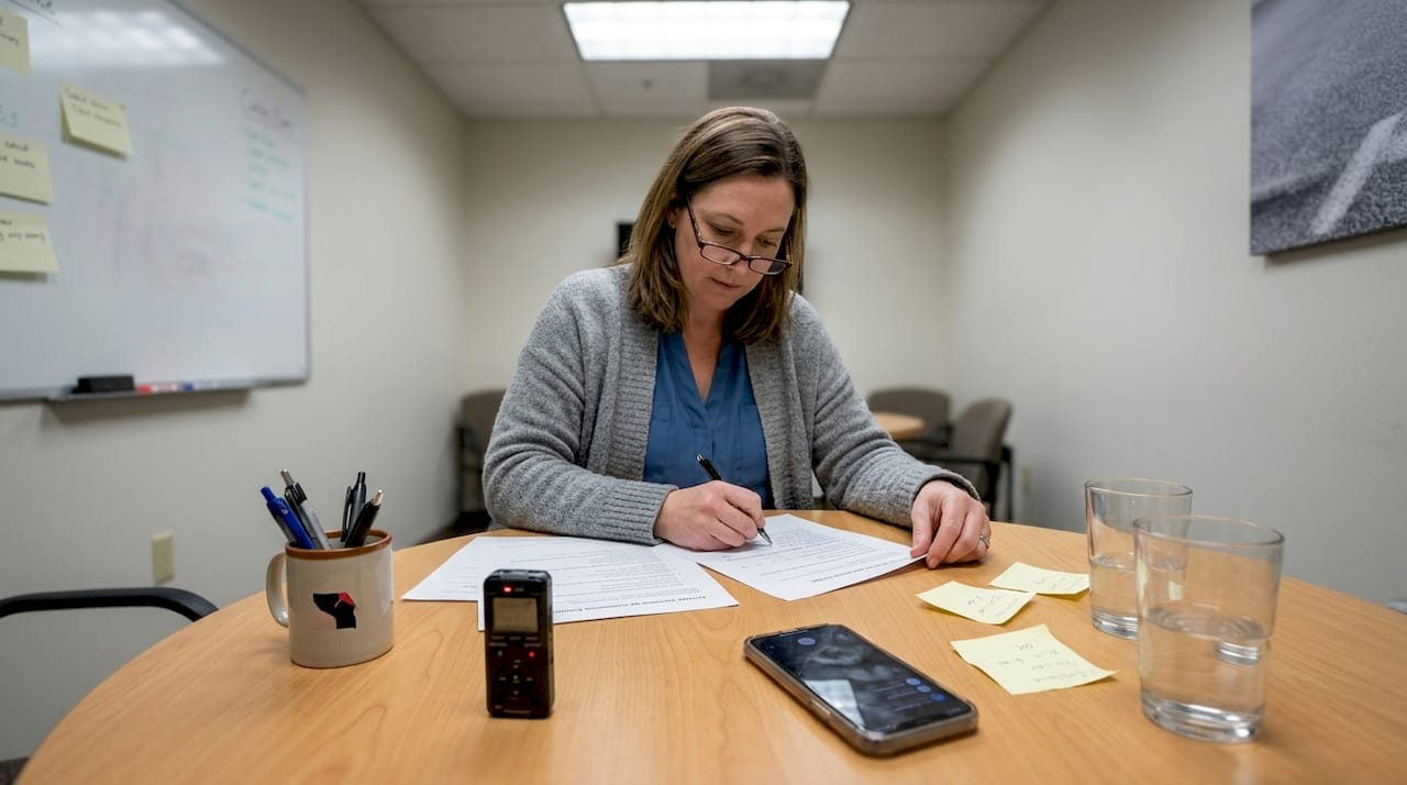 Researcher reviewing survey responses in meeting room