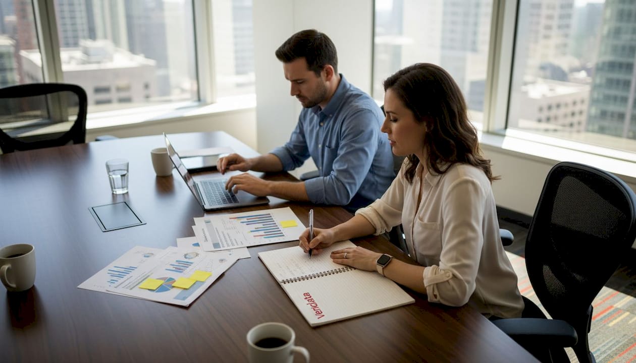Business team reviewing market research results
