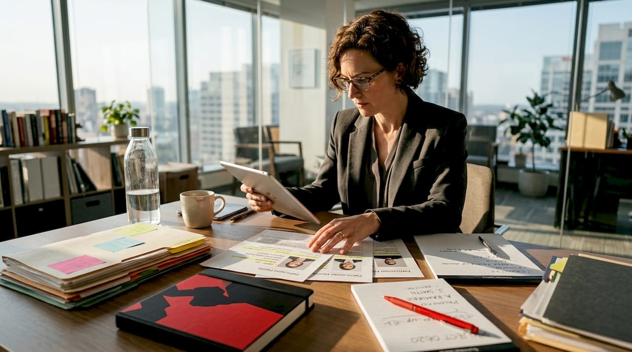 Research manager reviewing participant profiles in office