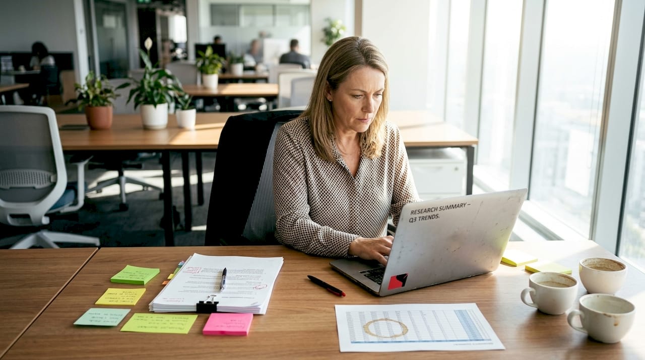Manager typing a research report summary