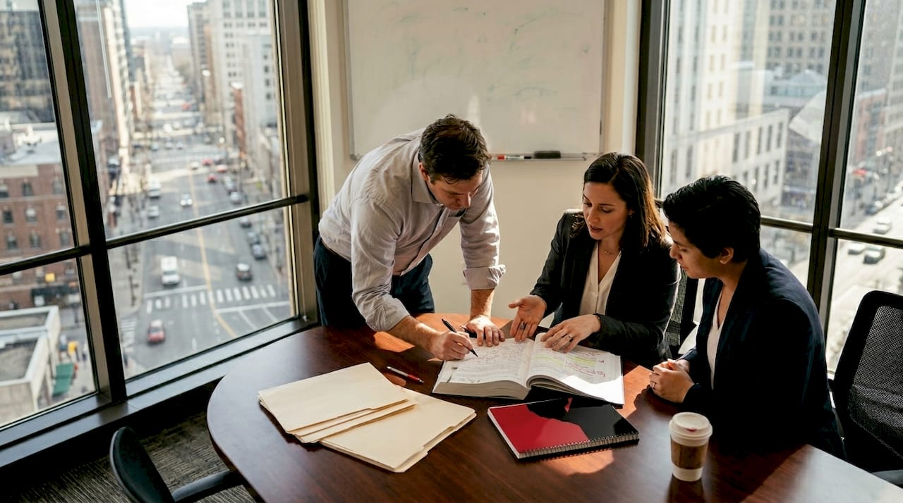 Business team reviewing research report together