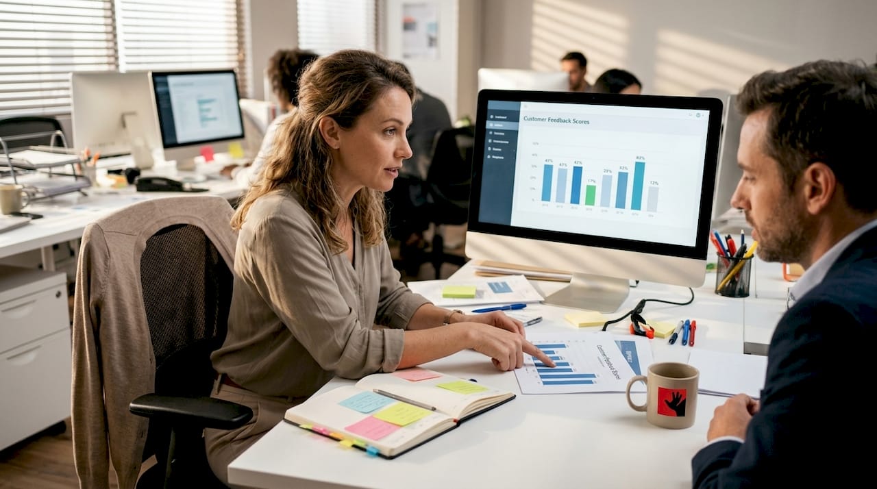 Analyst reviewing survey results in open office