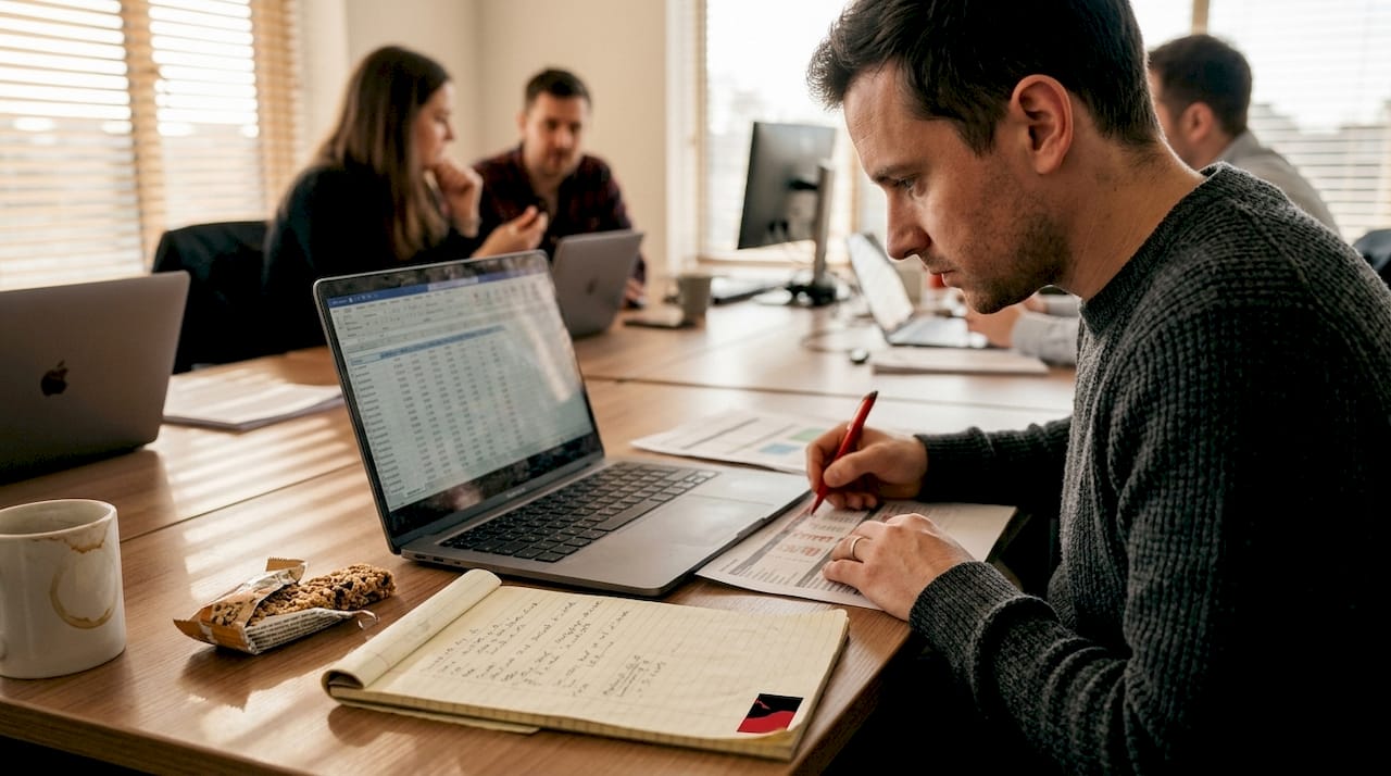 Consultant cross-checking data in open workspace