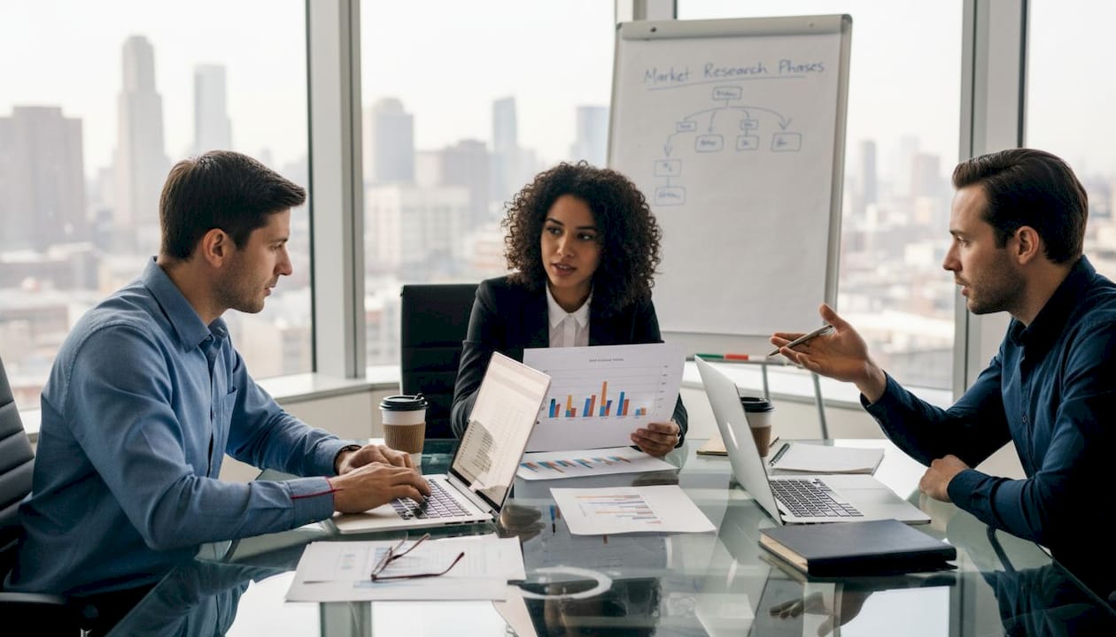 Team in office reviewing market research charts