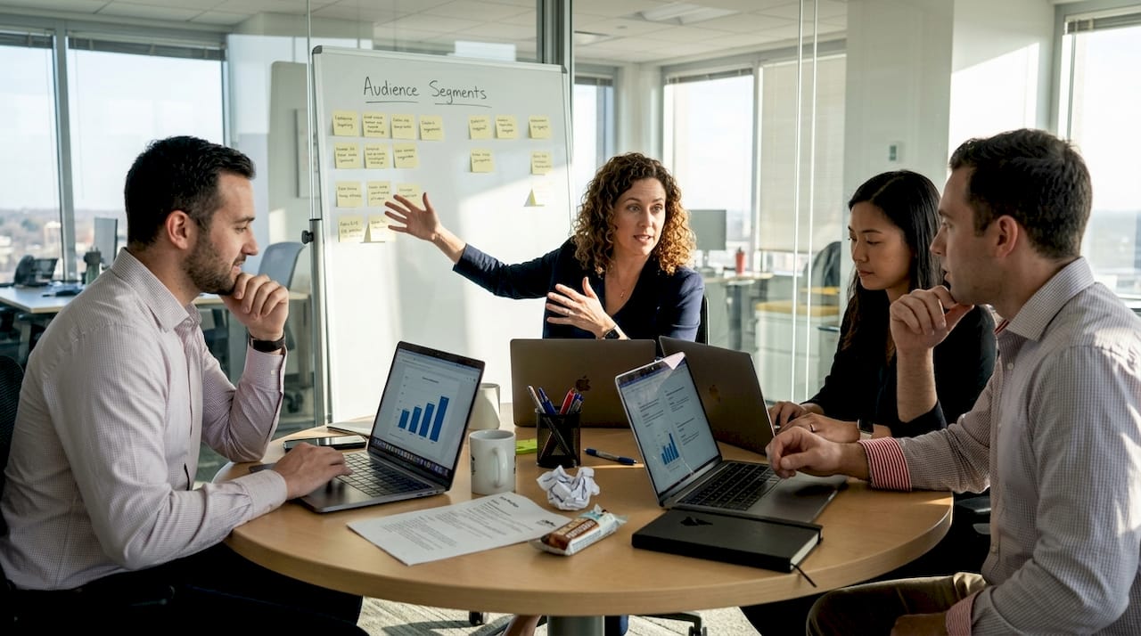 Team discussing research audience segmentation