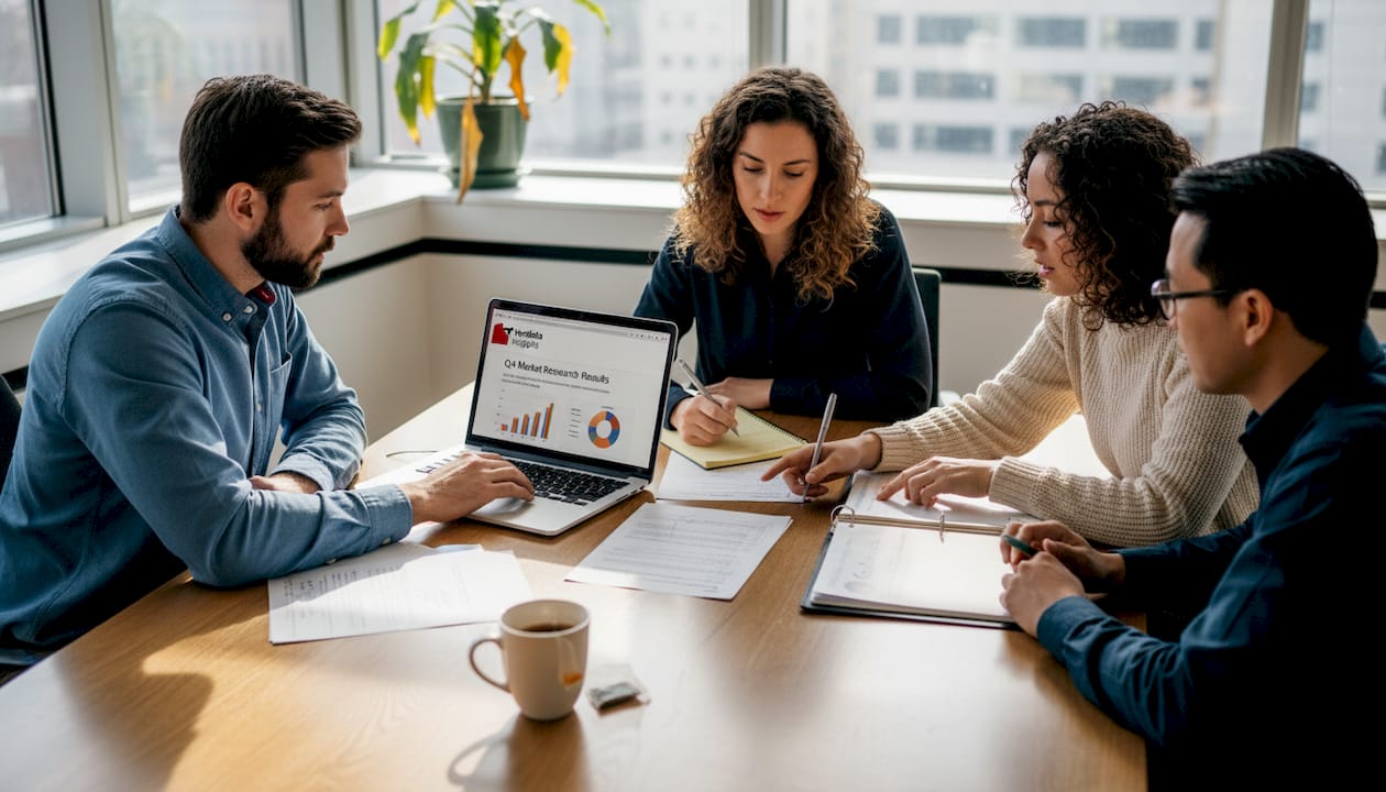 Team reviewing market research documents