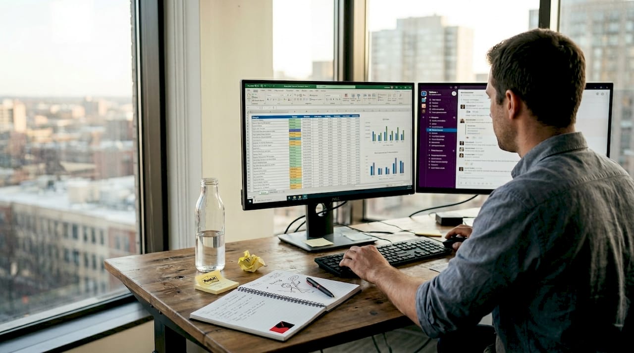 Analyst reviewing data workflow at cluttered desk