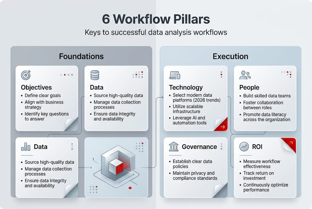 Infographic of six data workflow pillars