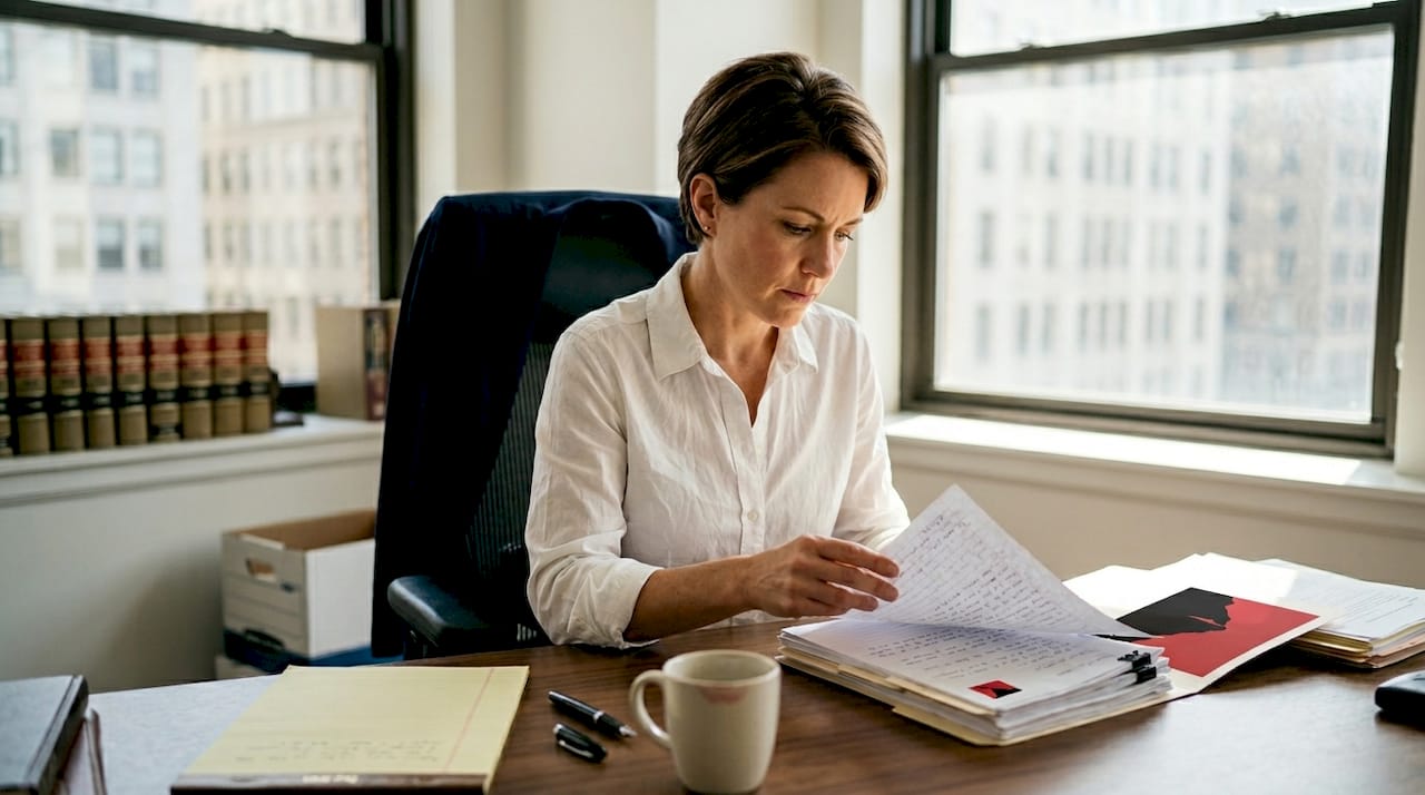 Attorney reading case notes at sunlit desk